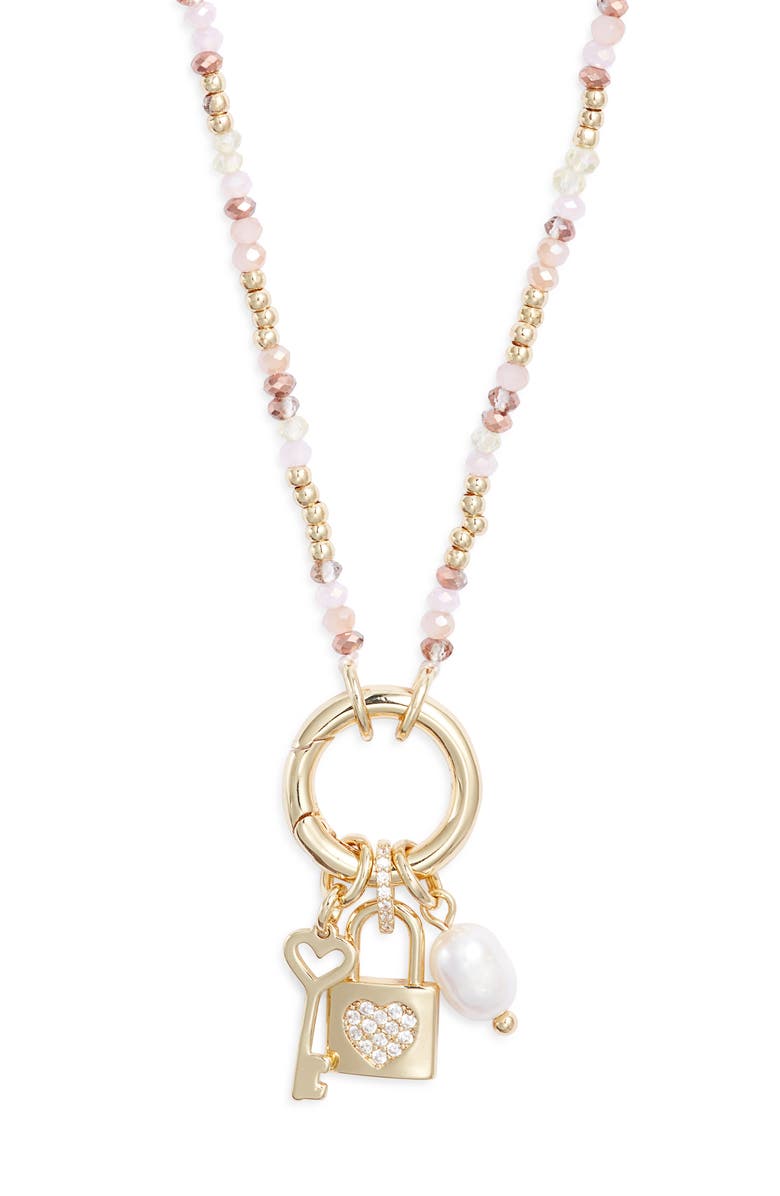 Chelsea28 Demi Fine Cubic Zirconia Bead Lock Charm Necklace, Alternate, color, Blush Multi- Gold