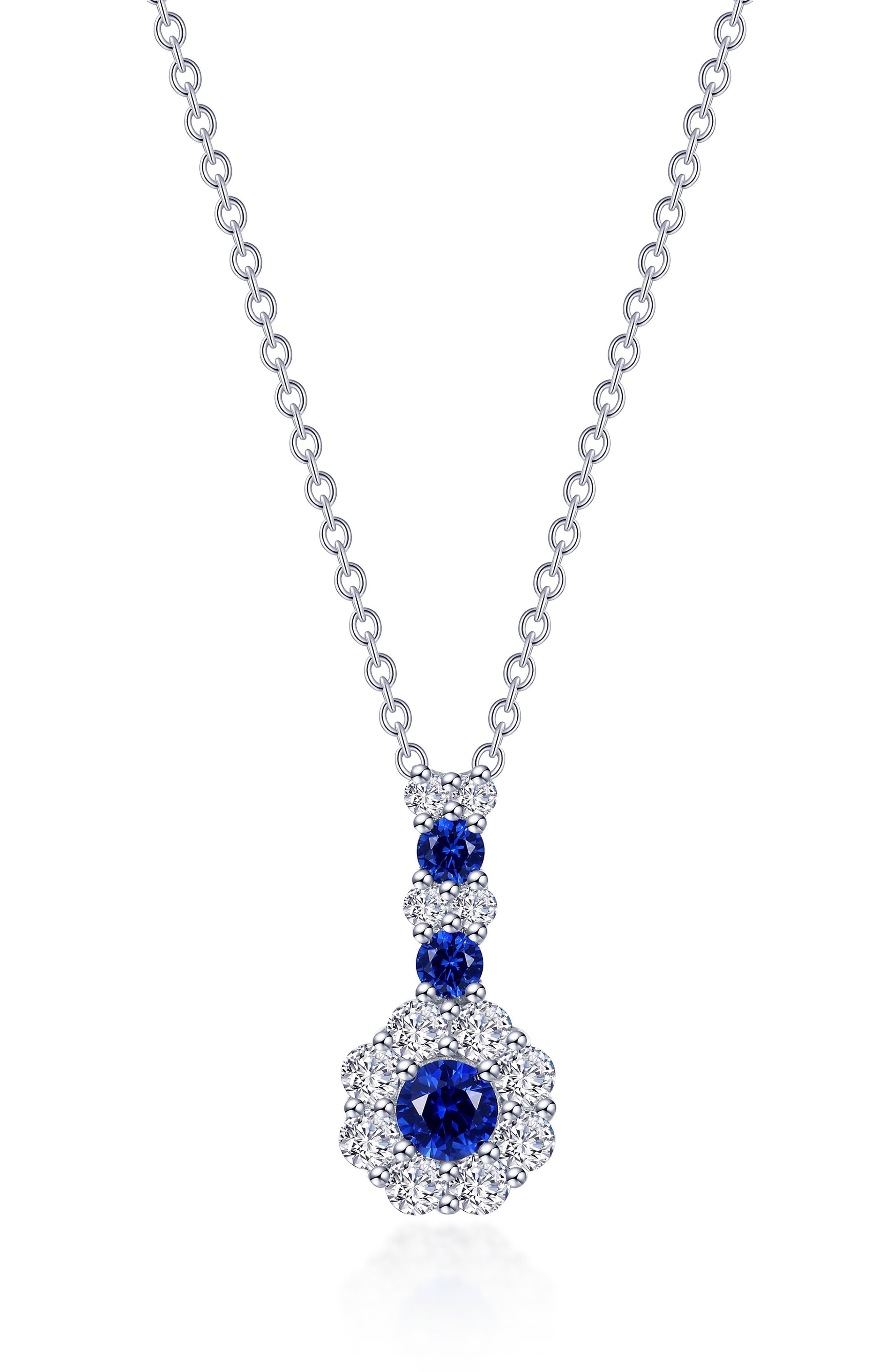 Lab Grown Sapphire & Simulated Diamond Flower Pendant Necklace