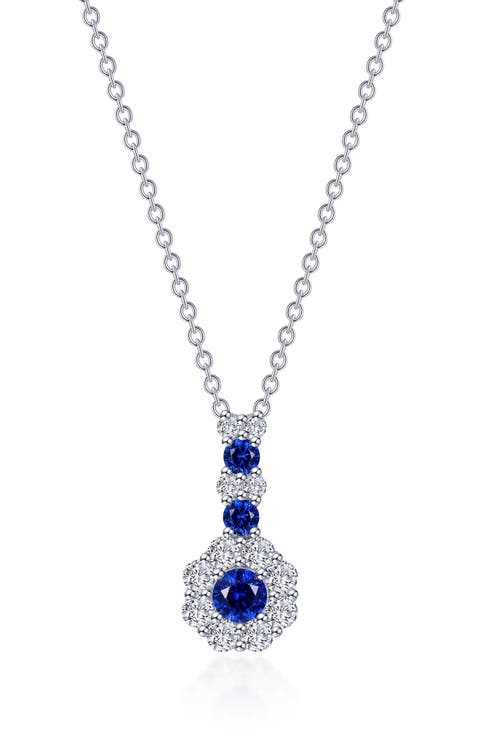 Lab Grown Sapphire & Simulated Diamond Flower Pendant Necklace