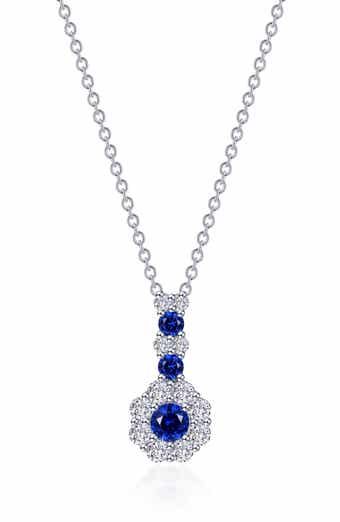 Lab Grown Sapphire & Simulated Diamond Flower Pendant Necklace