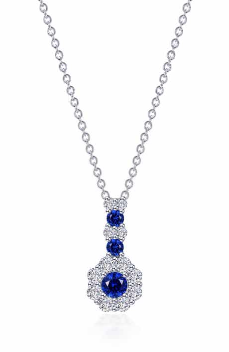 Lab Grown Sapphire & Simulated Diamond Flower Pendant Necklace