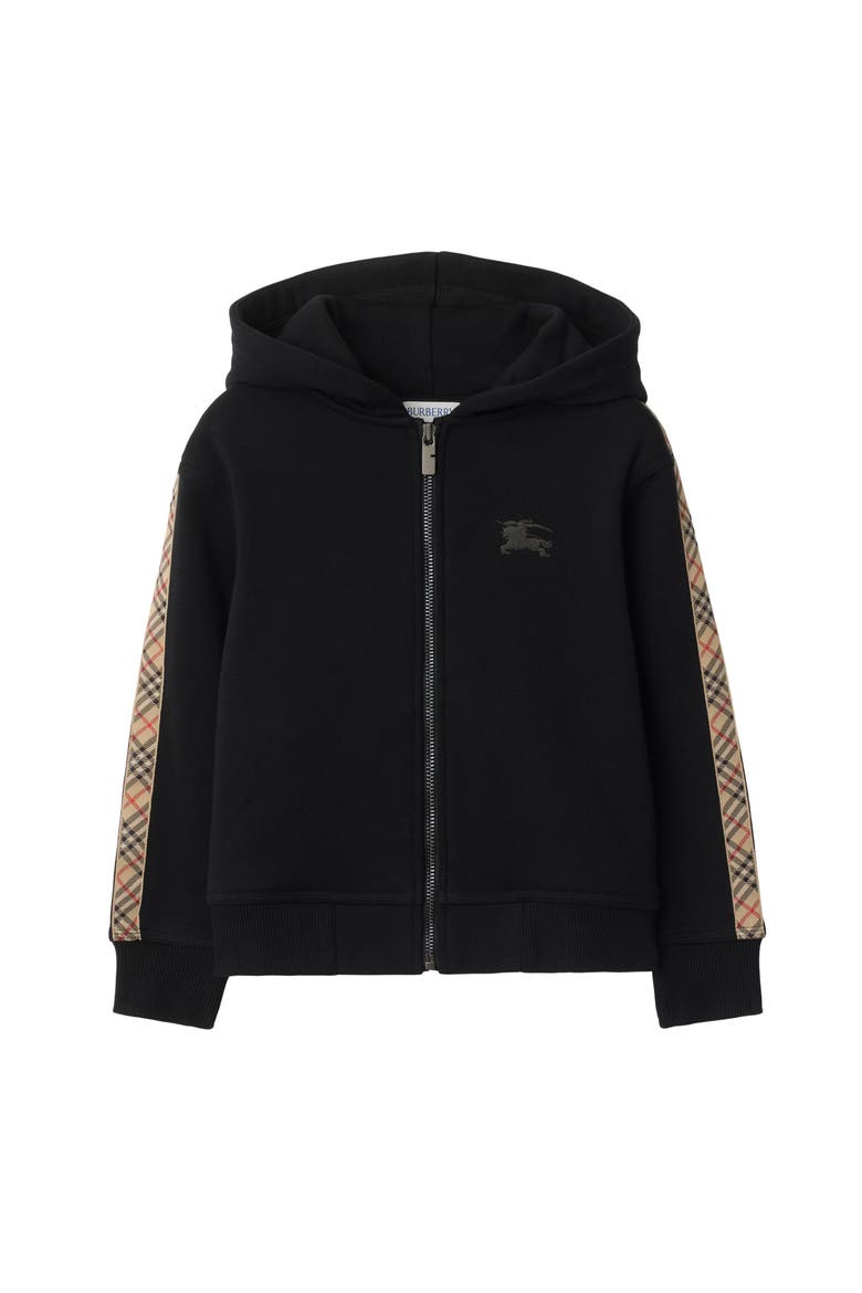 Check Trim Cotton Zip Hoodie, Main, color, Black