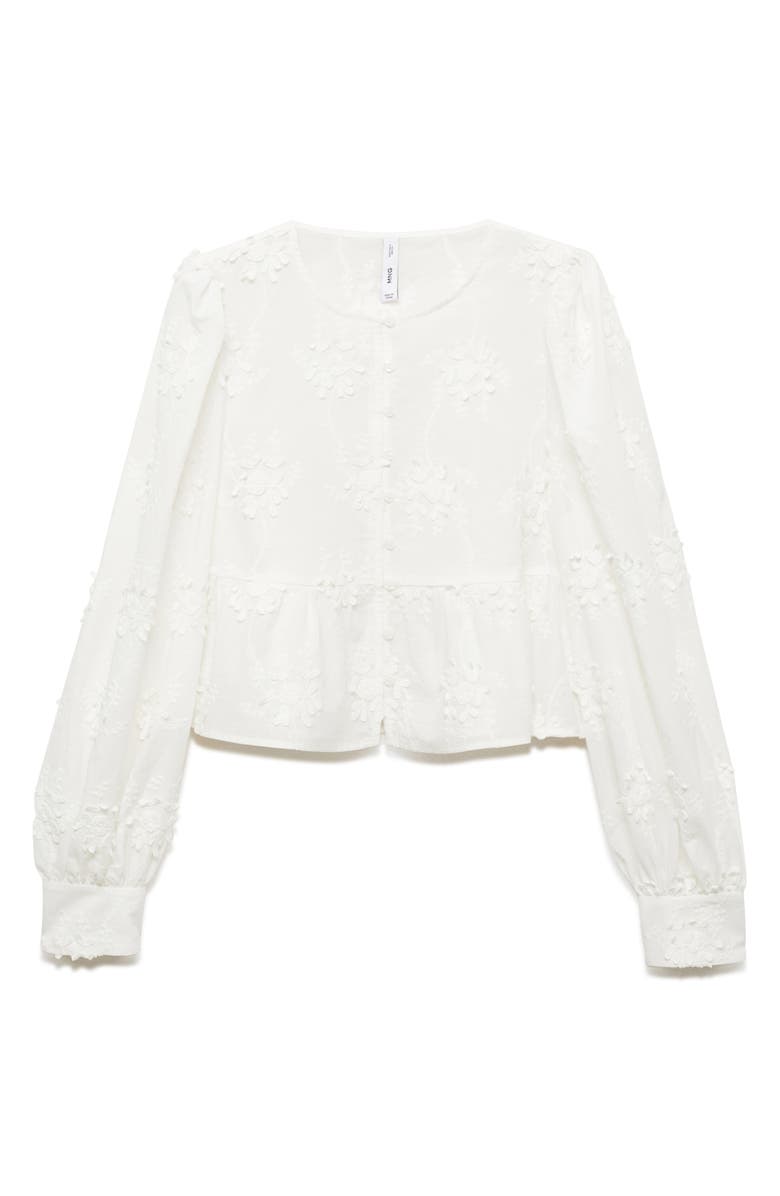MANGO Floral Embroidered Cotton Peplum Button-Up Shirt, Alternate, color, Off White