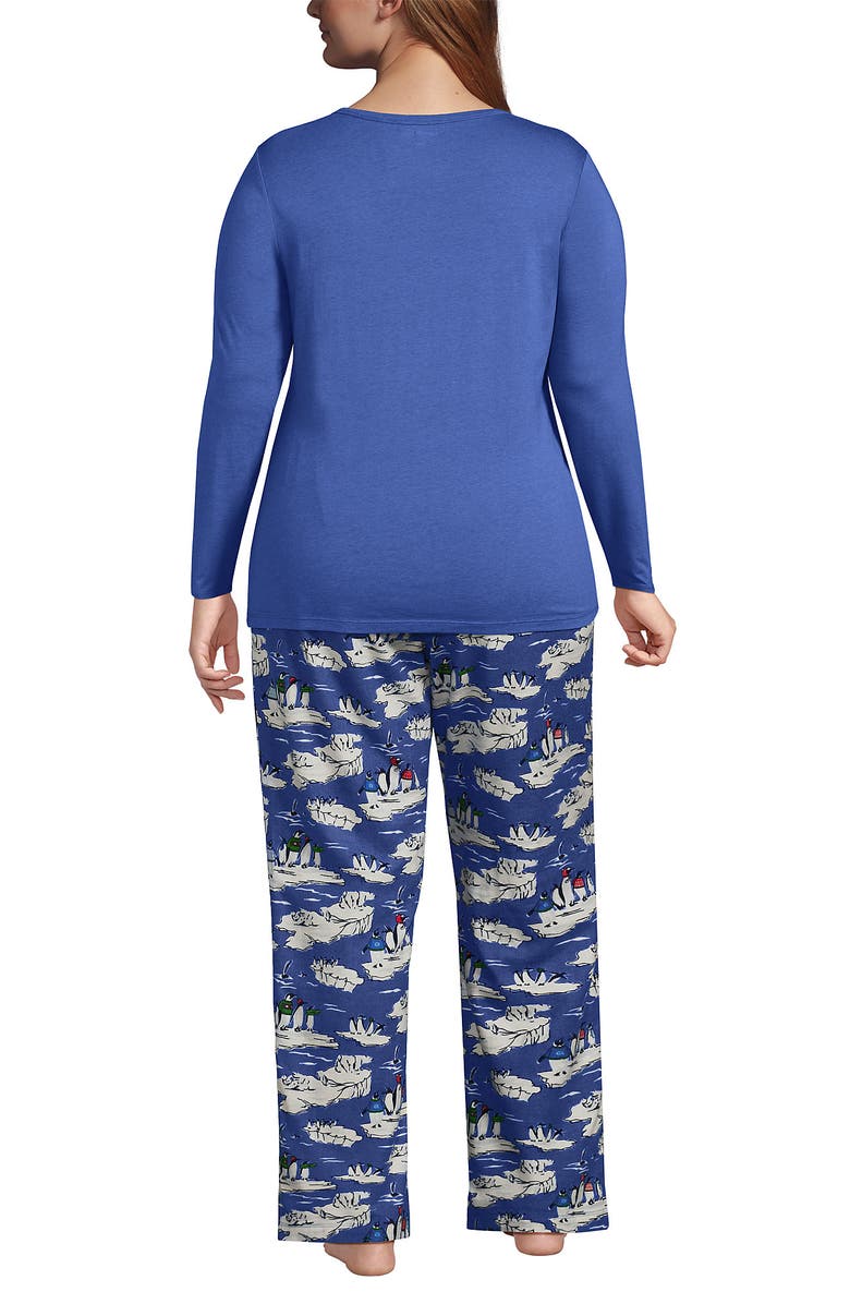 Lands' End Pajama Set Knit Long Sleeve T-Shirt and Flannel Pants, Alternate, color, Cobalt Blue Holiday Penguins