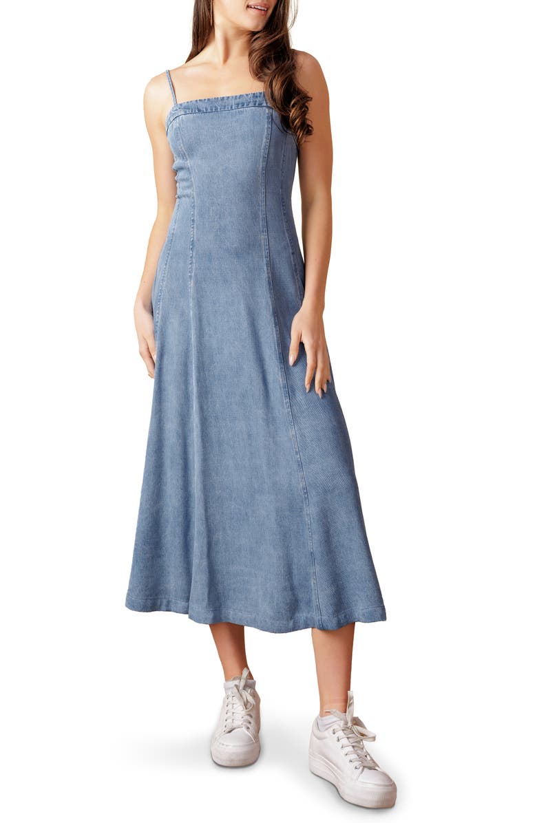 FLYING TOMATO Washed Denim Midi Dress, Main, color, 