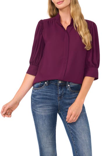 Cece Puff Sleeve Button-up Shirt In Pickled Beet Burgundy