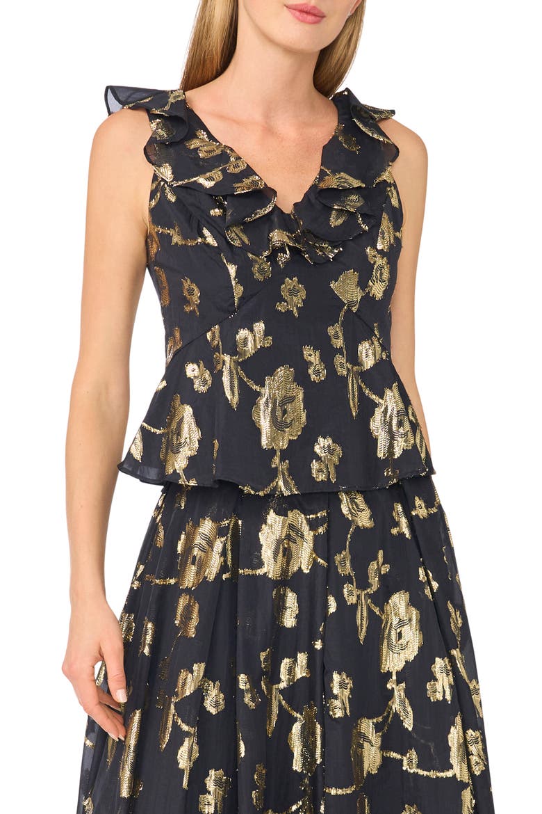 Ruffle Peplum Metallic Jacquard Top, Main, color, RICH BLACK