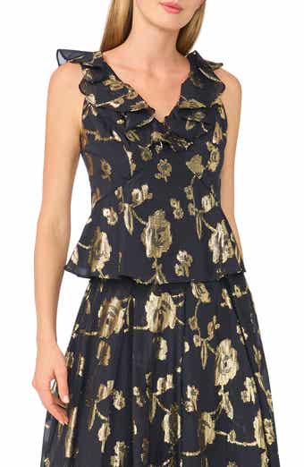 Ruffle Peplum Metallic Jacquard Top