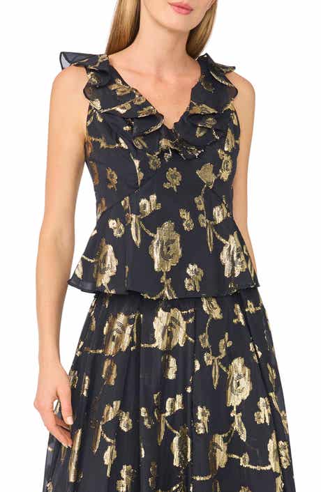 Ruffle Peplum Metallic Jacquard Top