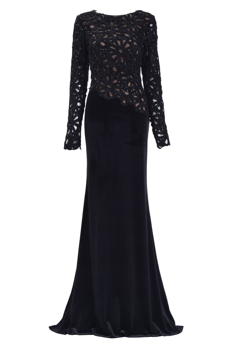 Sequin Lace Bodice Long Sleeve Velvet Gown, Alternate, color, BLACK/ NUDE