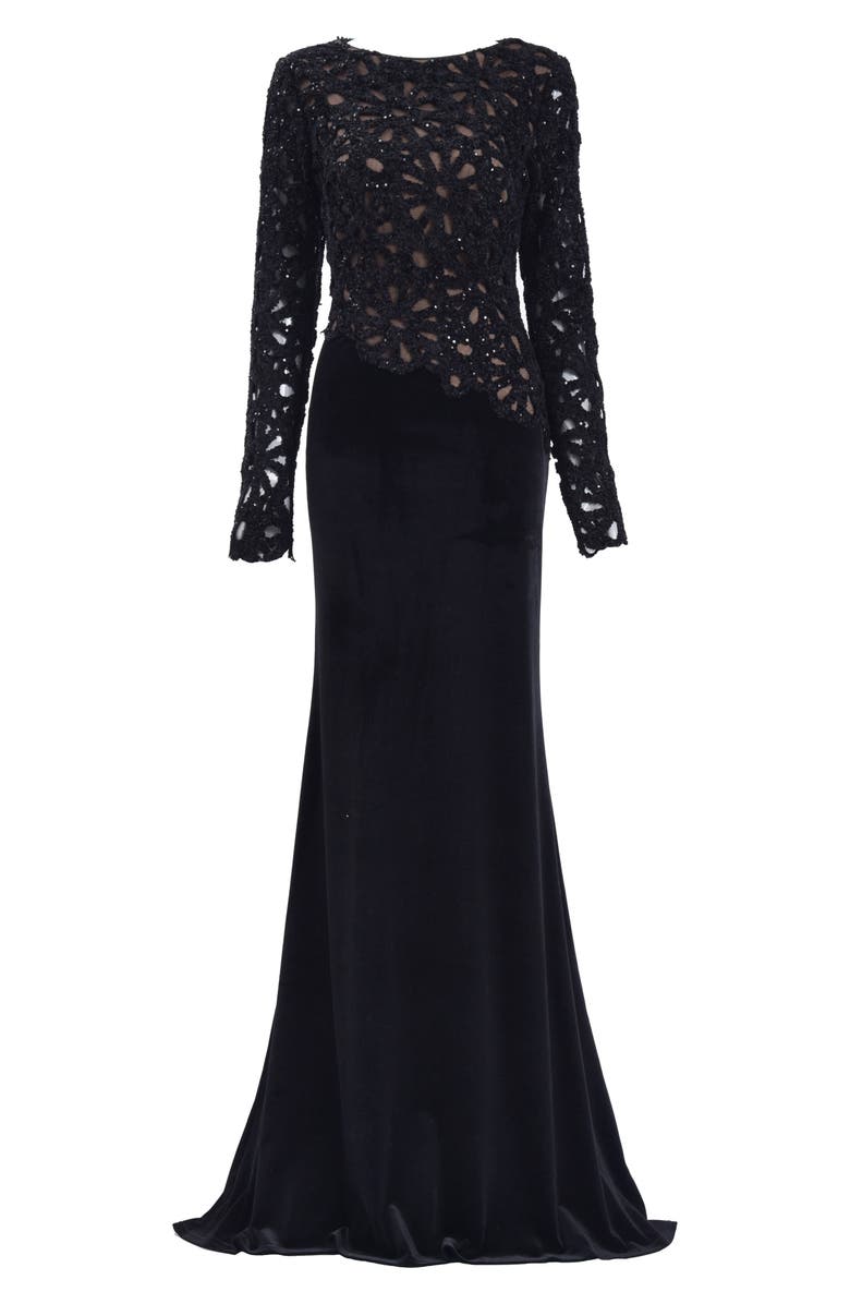 Tadashi Shoji Sequin Lace Bodice Long Sleeve Velvet Gown, Alternate, color, 