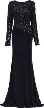 Tadashi Shoji Sequin Lace Bodice Long Sleeve Velvet Gown