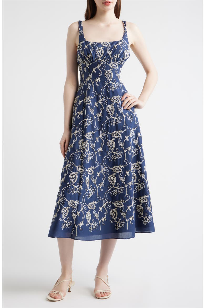 Embroidered Cotton Fit & Flare Midi Dress, Main, color, NAVY MULTI