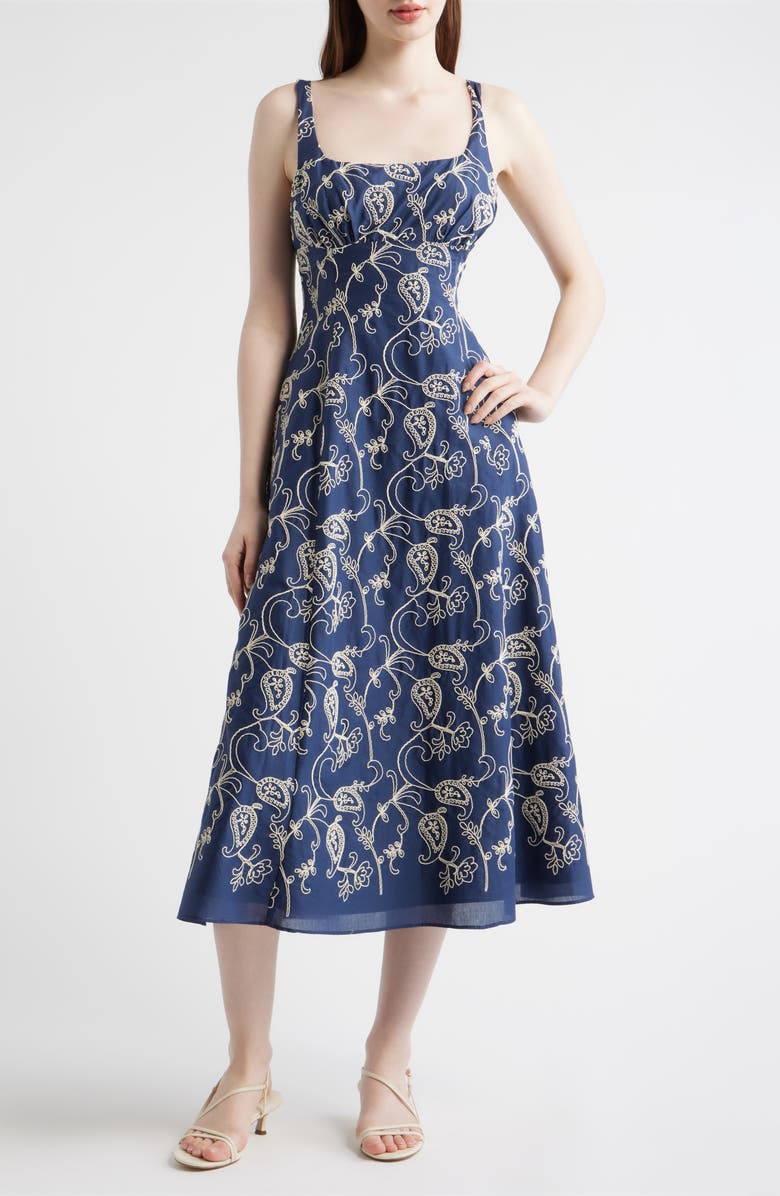 Julia Jordan Embroidered Cotton Fit & Flare Midi Dress, Main, color, Navy Multi
