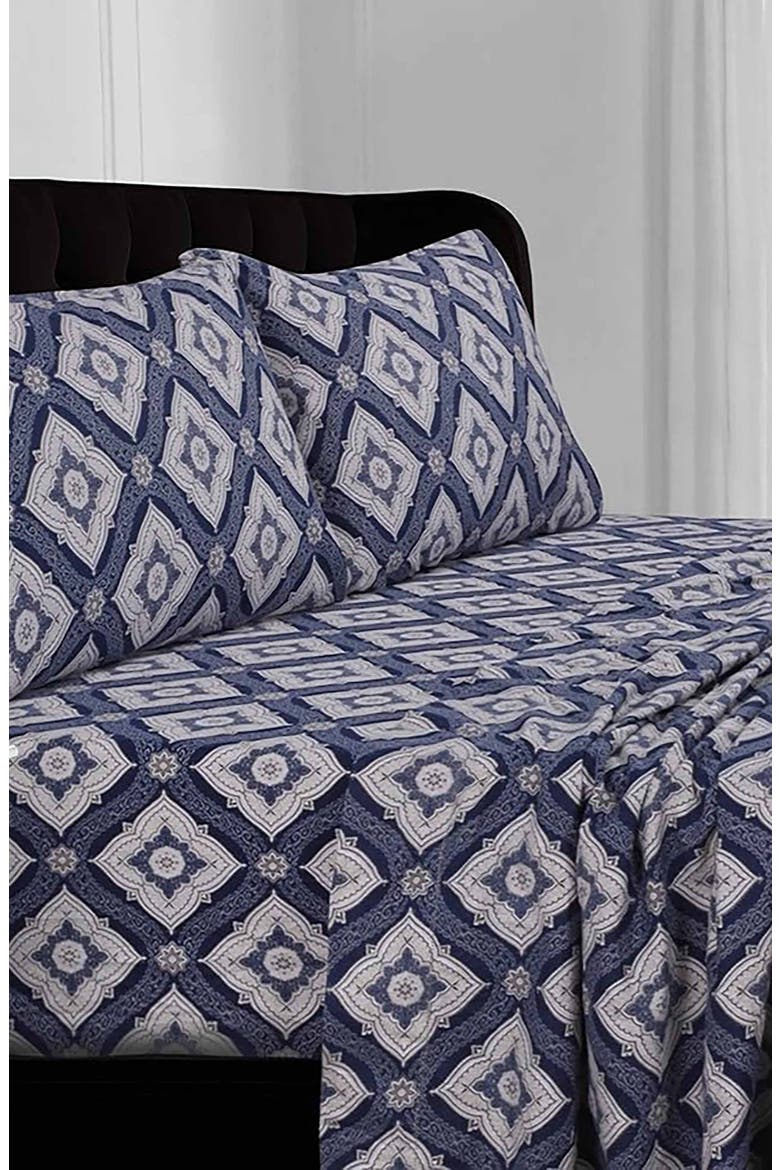 Damask Cotton Flannel Sheet Set, Main, color, BLUE MULTI
