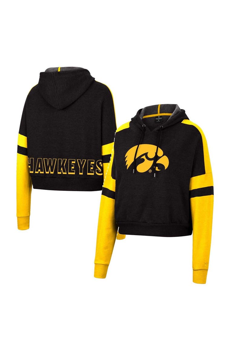 Women's Colosseum Black Iowa Hawkeyes Throwback Stripe Arch Logo Cropped Pullover Hoodie, Alternate, color, Black