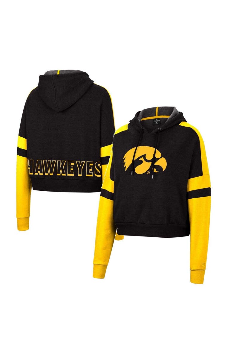 COLOSSEUM Women's Colosseum Black Iowa Hawkeyes Throwback Stripe Arch Logo Cropped Pullover Hoodie, Alternate, color, 