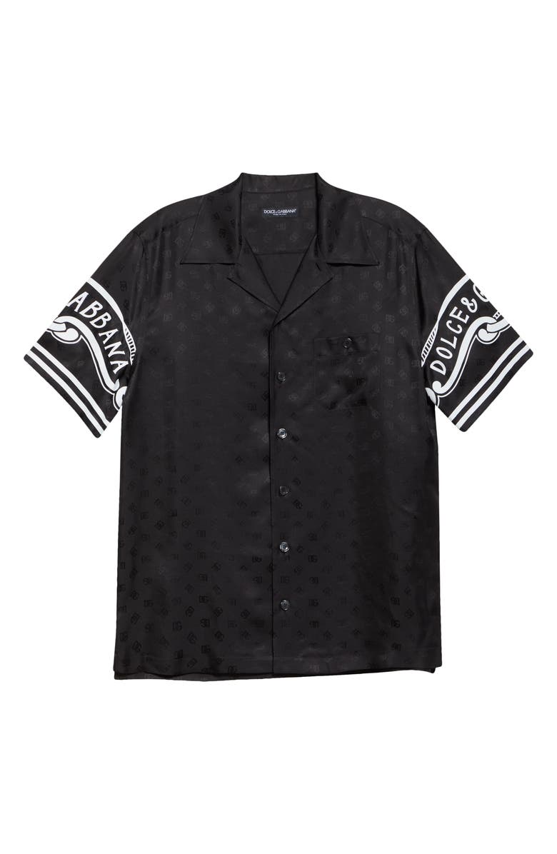 Dolce&Gabbana Logo Jacquard Bandana Print Silk Camp Shirt, Alternate, color, Nero