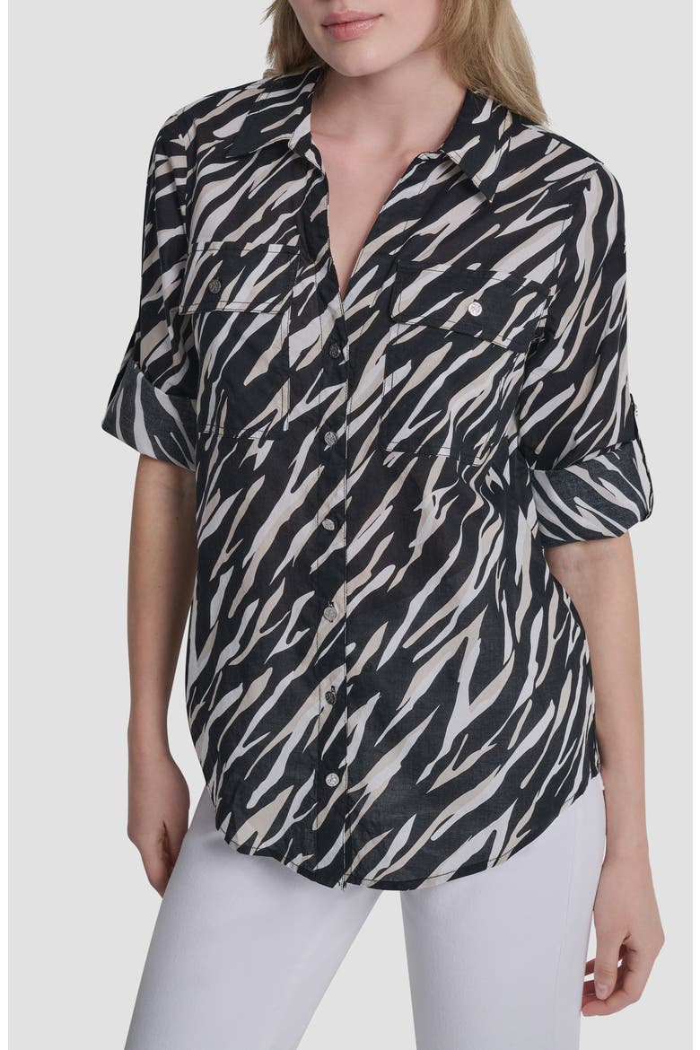 Printed Roll-Tab Cuff Cotton Button-Up Shirt, Main, color, CONCRETE ANIMAL