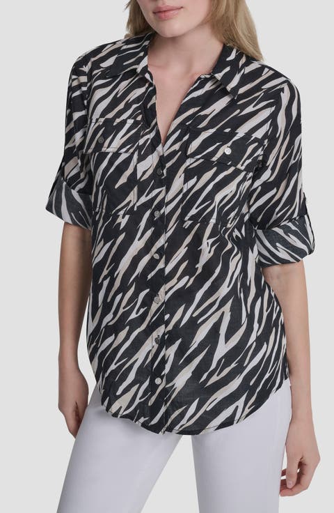 Printed Roll-Tab Cuff Cotton Button-Up Shirt
