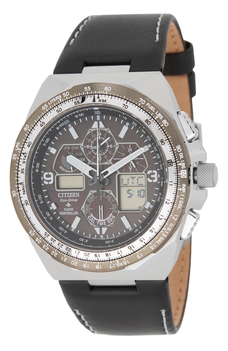 Citizen Promaster Air Skyhawk A-T Chronograph Leather Strap Watch, 46mm, Main, color, Black