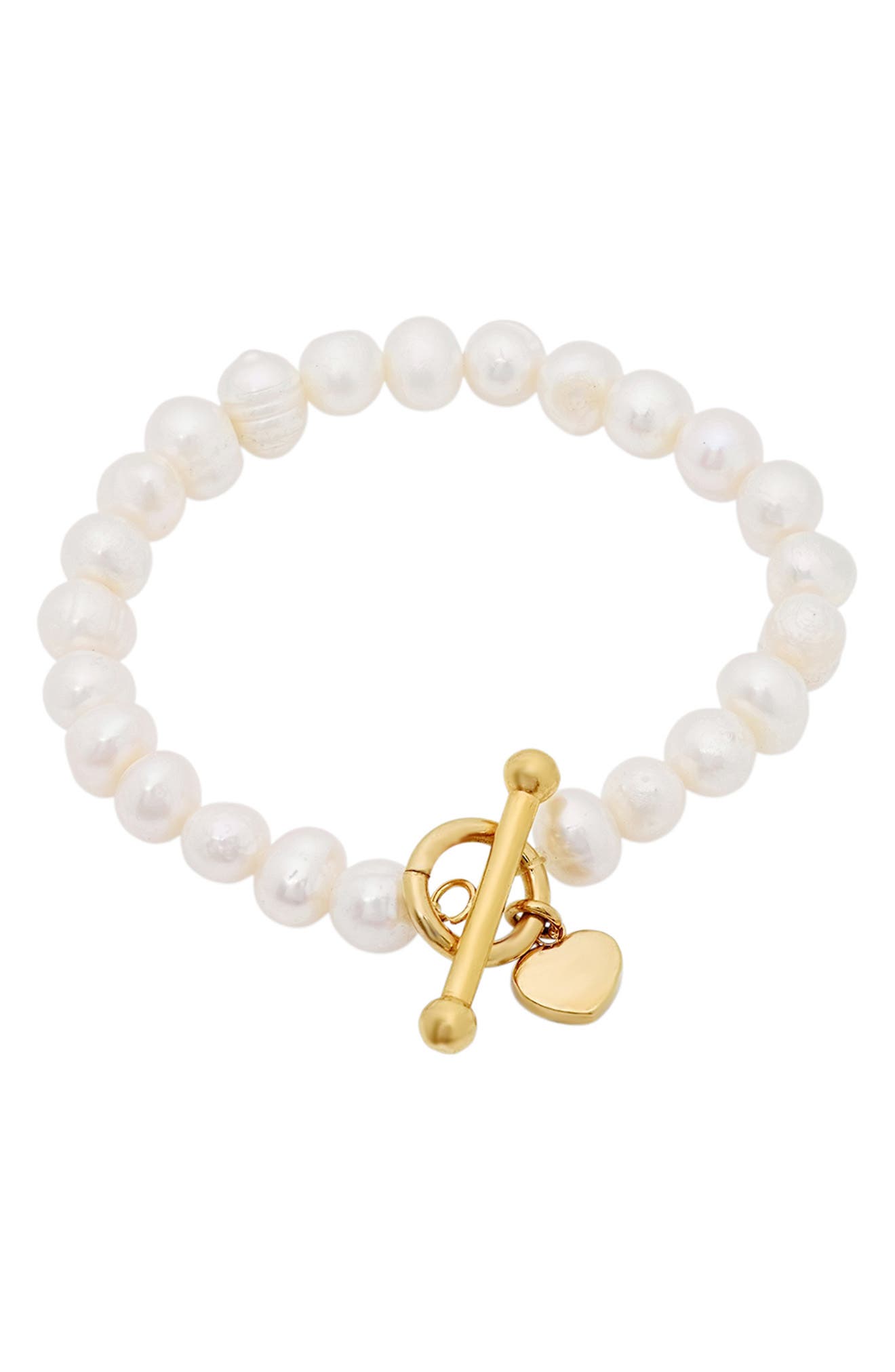 HMY JEWELRY 18K Yellow Gold Plated Stainless Steel Imitation Pearl Toggle Bracelet