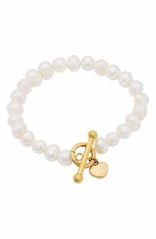HMY JEWELRY 18K Yellow Gold Plated Stainless Steel Imitation Pearl Toggle Bracelet