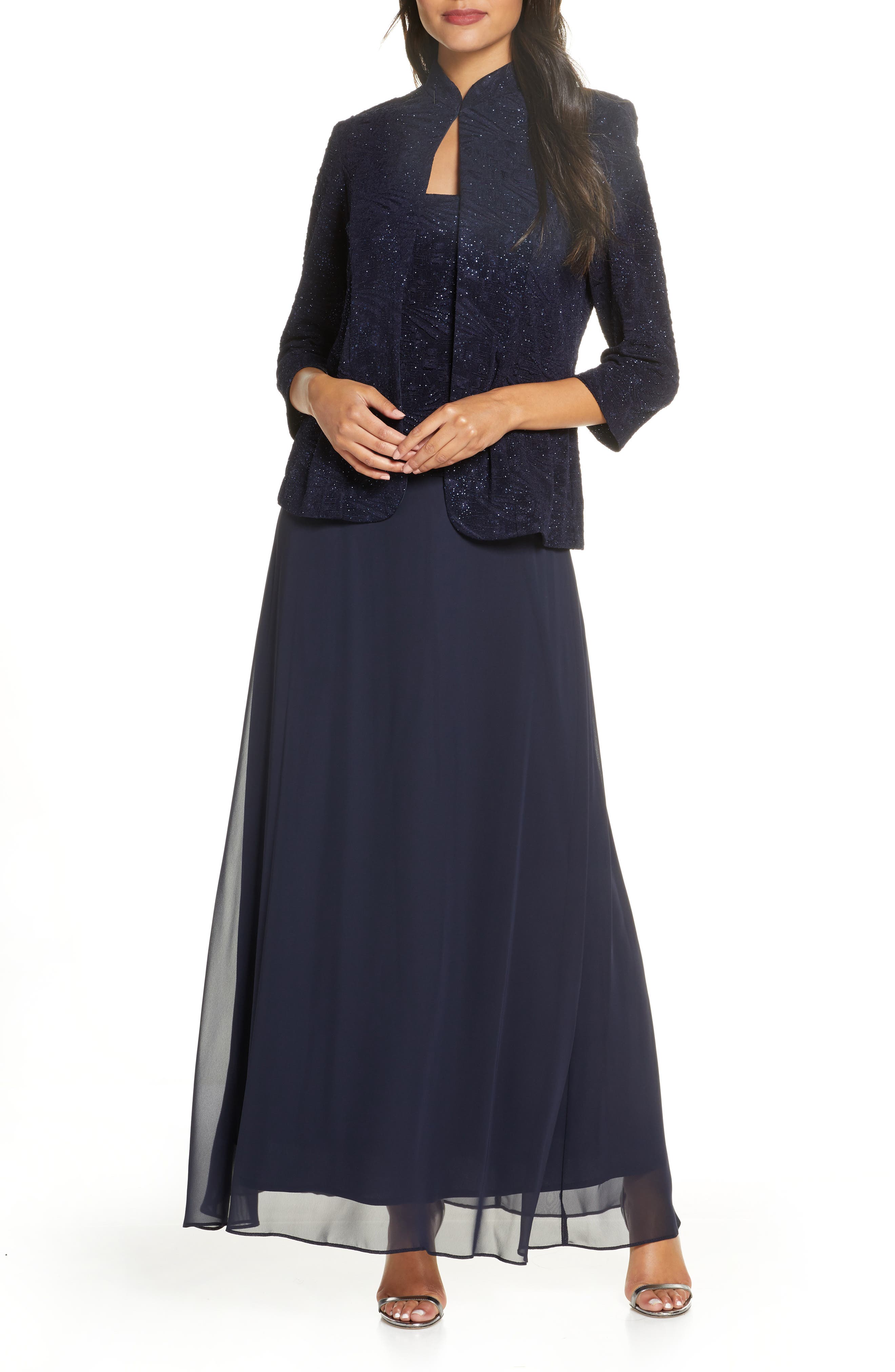 alex evenings embroidered illusion gown & shawl
