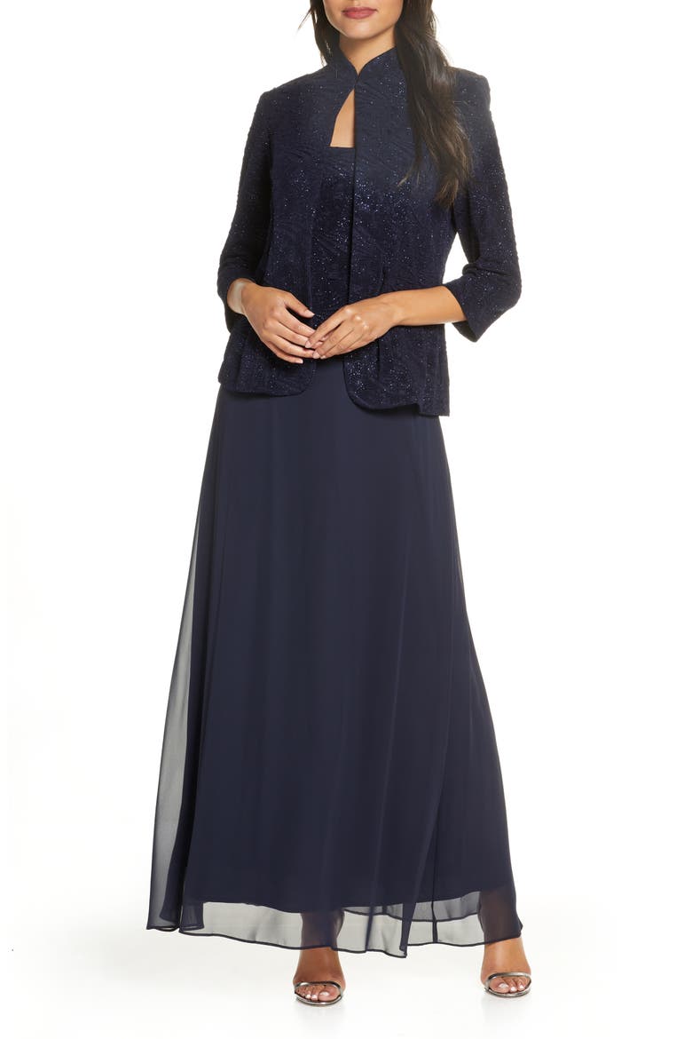 Sequin Mock Two-Piece Gown with Jacket, Main, color, NAVY