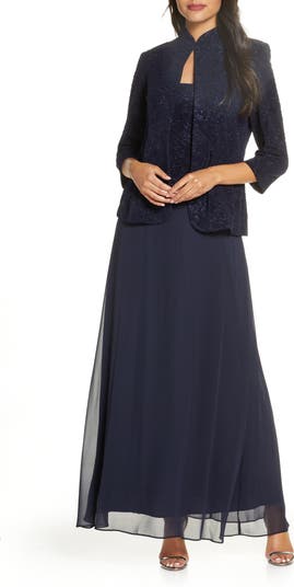 Navy blue gown with jacket best sale