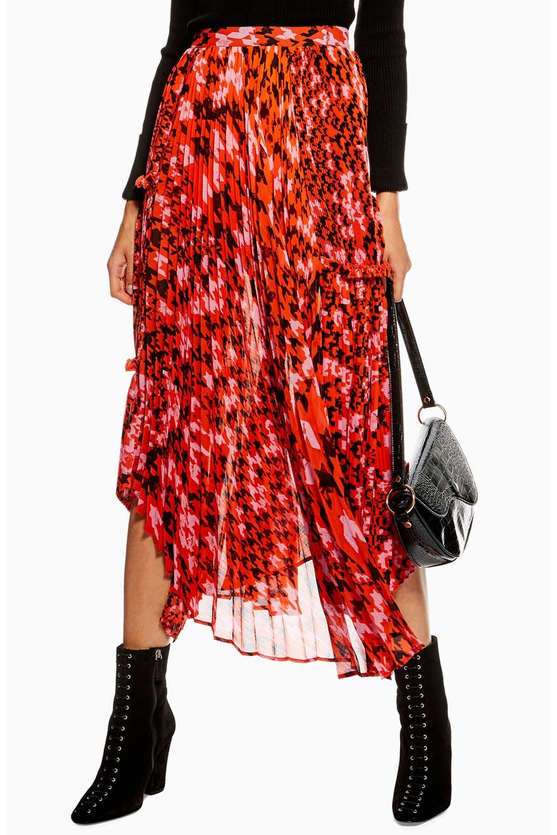 Dogtooth Pleat Midi Skirt, Main, color, RED MULTI