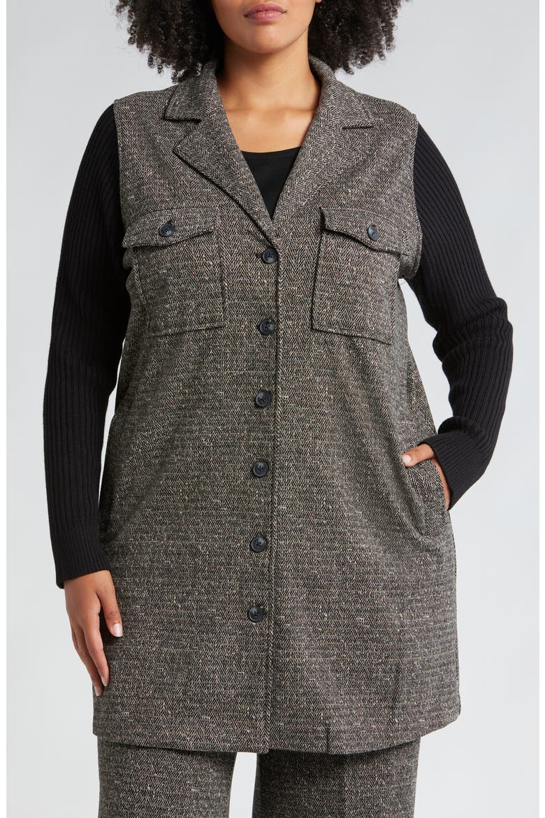 Mixed Media Sweater Coat, Alternate, color, BLACK TAN HERRINGBONE