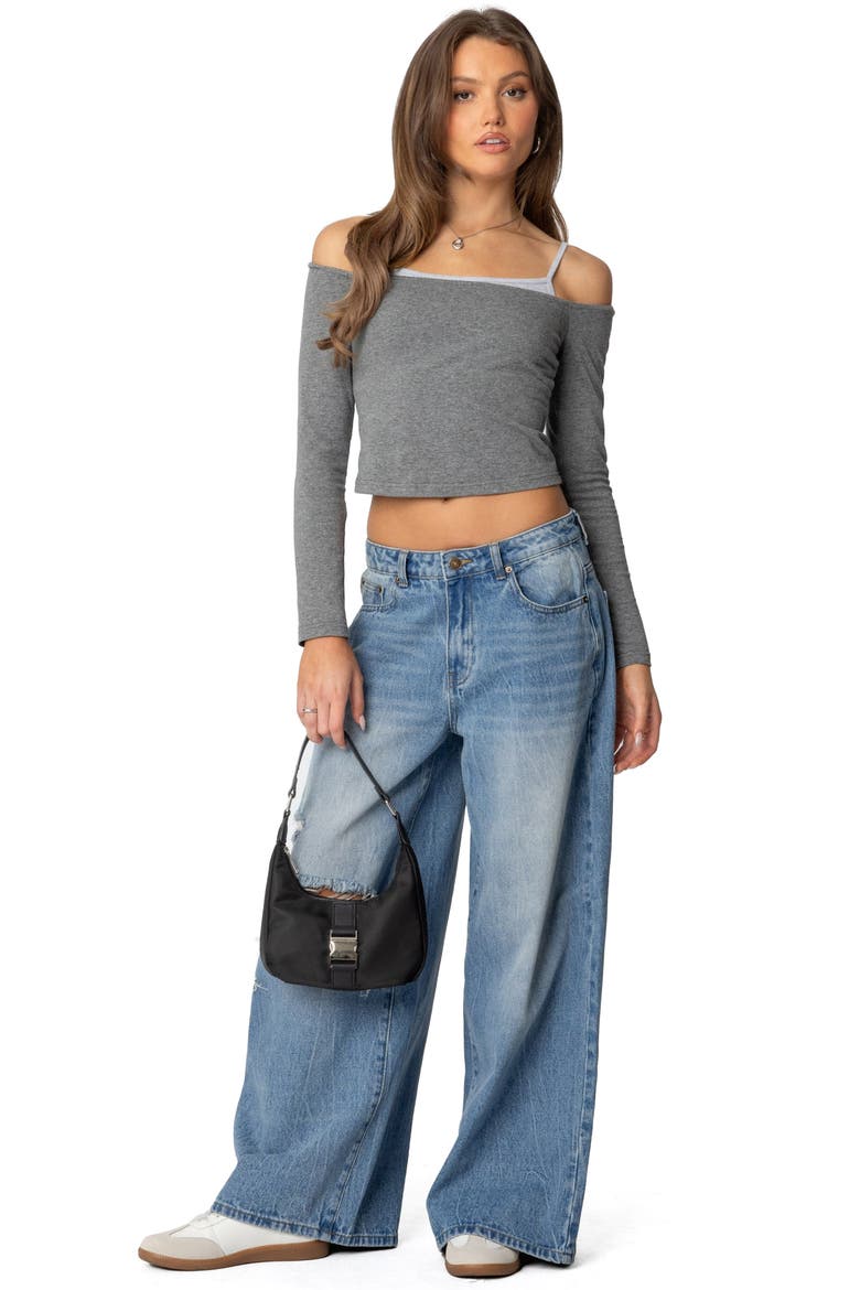 Layered Cold Shoulder Crop Top, Alternate, color, GRAY-MELANGE
