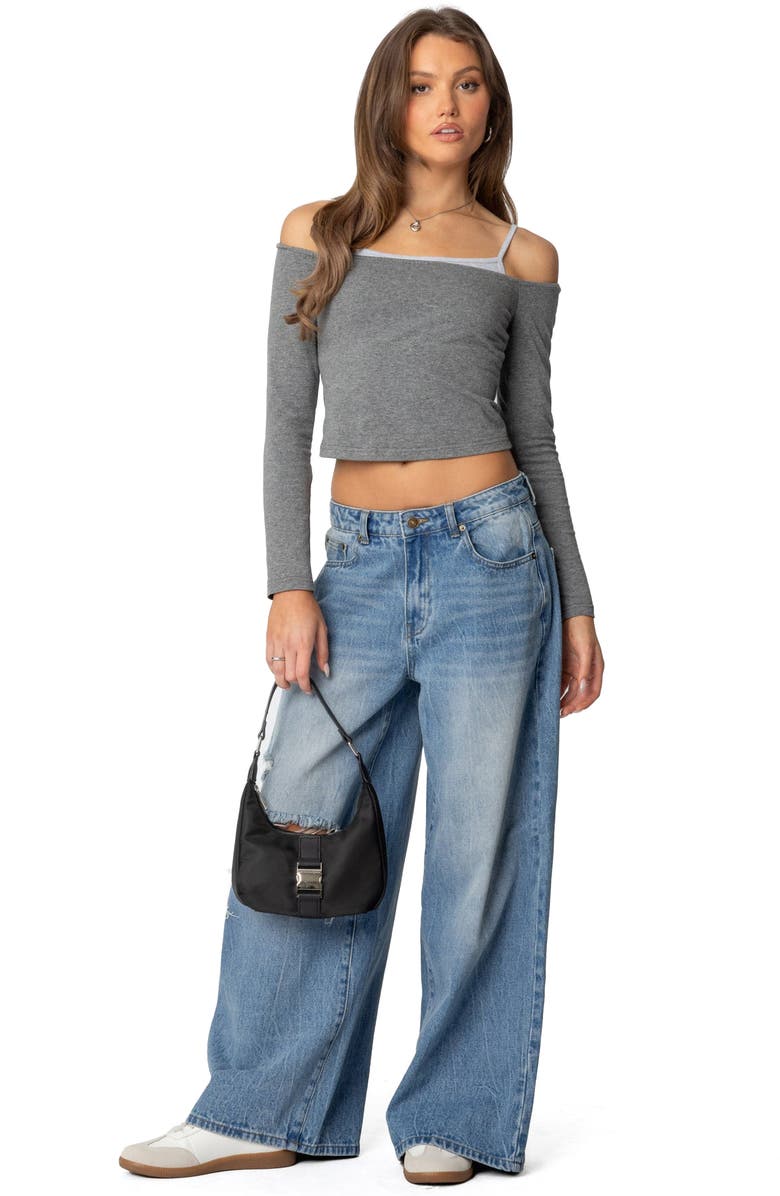 EDIKTED Layered Cold Shoulder Crop Top, Alternate, color, Gray-Melange