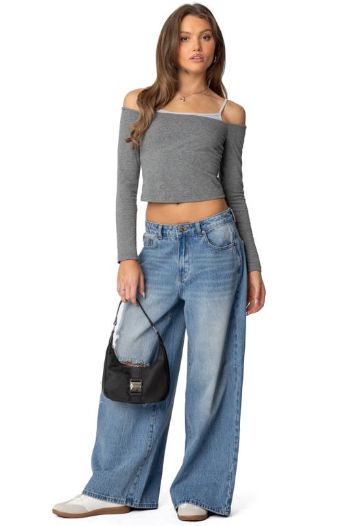 Shop Edikted Layered Cold Shoulder Crop Top In Gray-melange