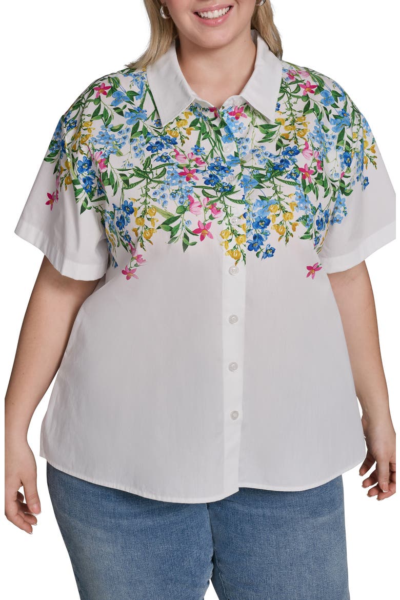Placed Floral Short Sleeve Cotton Sateen Button-Up Shirt, Main, color, SOFT WHITE COMBO