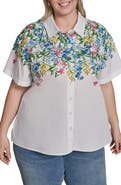 KARL LAGERFELD PARIS Placed Floral Short Sleeve Cotton Sateen Button-Up Shirt