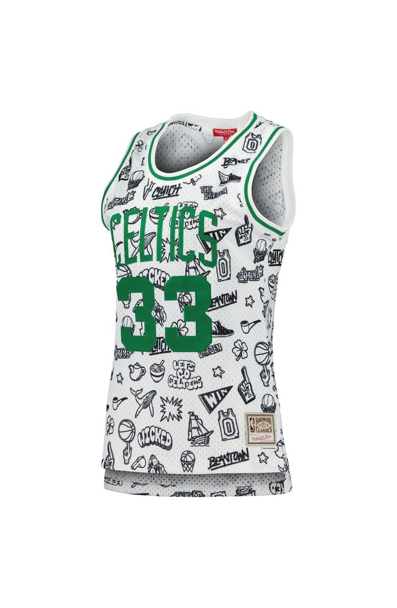 Mitchell & Ness Women's Mitchell & Ness Larry Bird White Boston Celtics 1985 Doodle Swingman Jersey, Alternate, color,