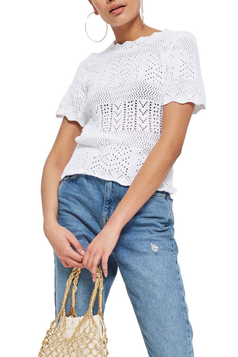 Stitchy Scallop Hem Knit Top, Main, color, IVORY