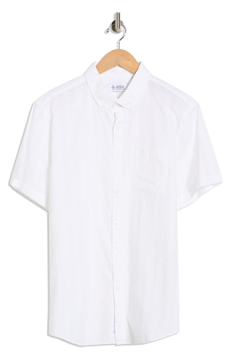 Original Penguin Tonal Stripe Short Sleeve Dobby Button-Up Shirt, Alternate, color, Bright White