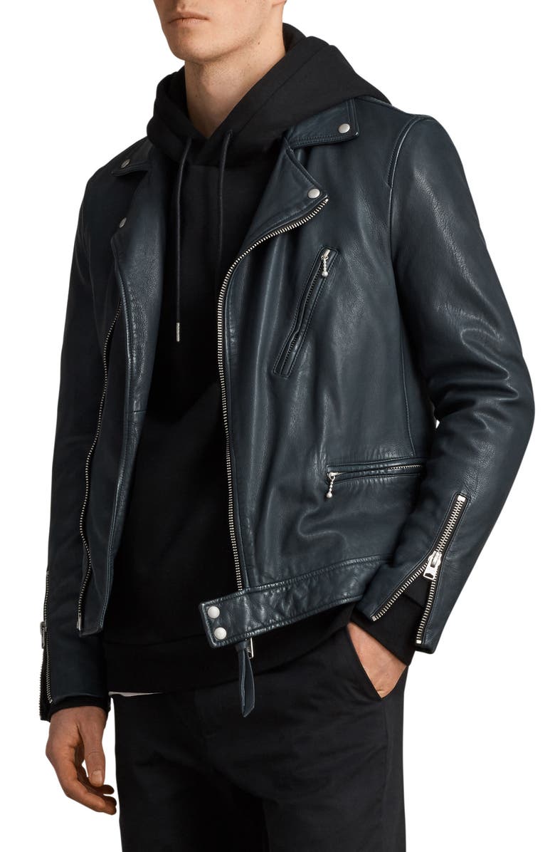 AllSaints Carver Slim Fit Leather Biker Jacket, Main, color,