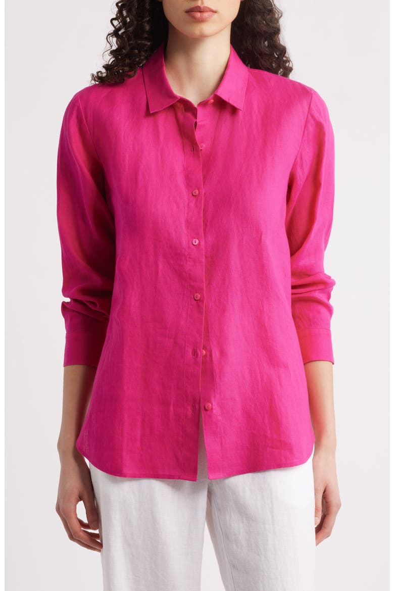 Classic Collar Organic Linen Long Button-Up Shirt, Main, color, FUCHSIA