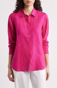 Eileen Fisher Classic Collar Organic Linen Long Button-Up Shirt