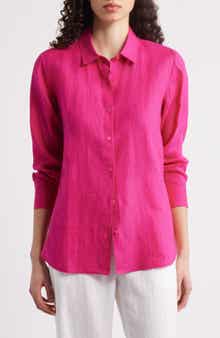 Eileen Fisher Classic Collar Organic Linen Long Button-Up Shirt