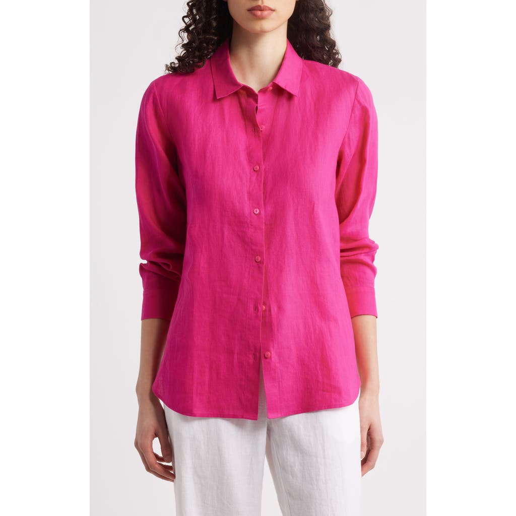 Eileen Fisher Classic Collar Organic Linen Long Button-up Shirt In Pink