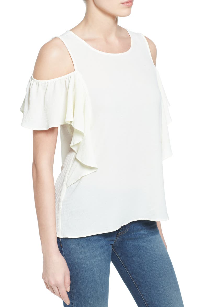 Cold Shoulder Ruffle Sleeve Top, Alternate, color, IVORY