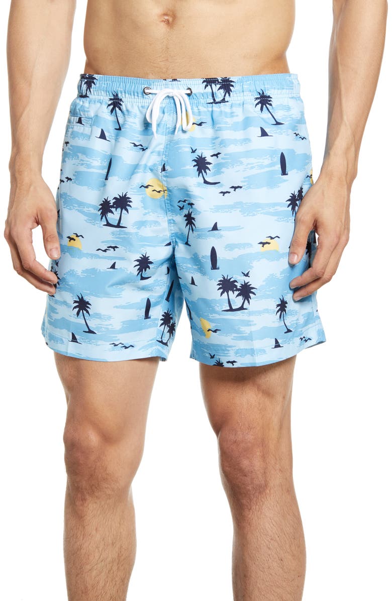 Trunks Surf & Swim Co. Paradise Island Print Swim Trunks, Main, color, 