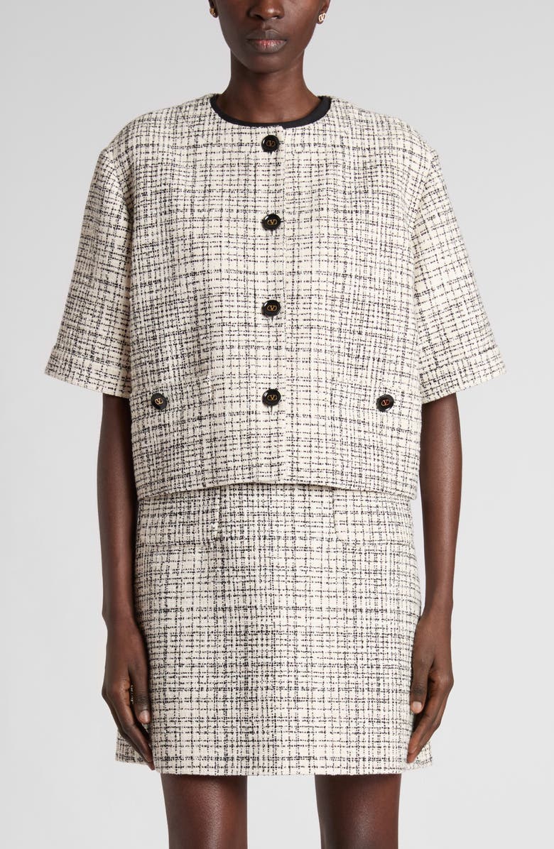 Valentino Garavani Square Cotton Blend Tweed Jacket, Main, color, Vanilla