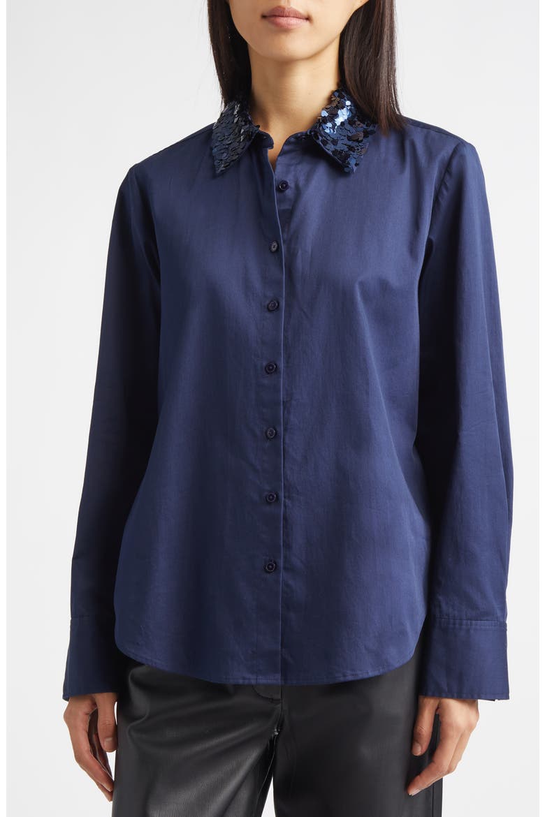 Alina Sequin Collar Cotton Button-Up Shirt, Alternate, color, NAVY