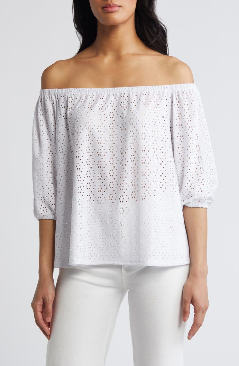 Loveappella Eyelet Off the Shoulder Top, Main, color, White